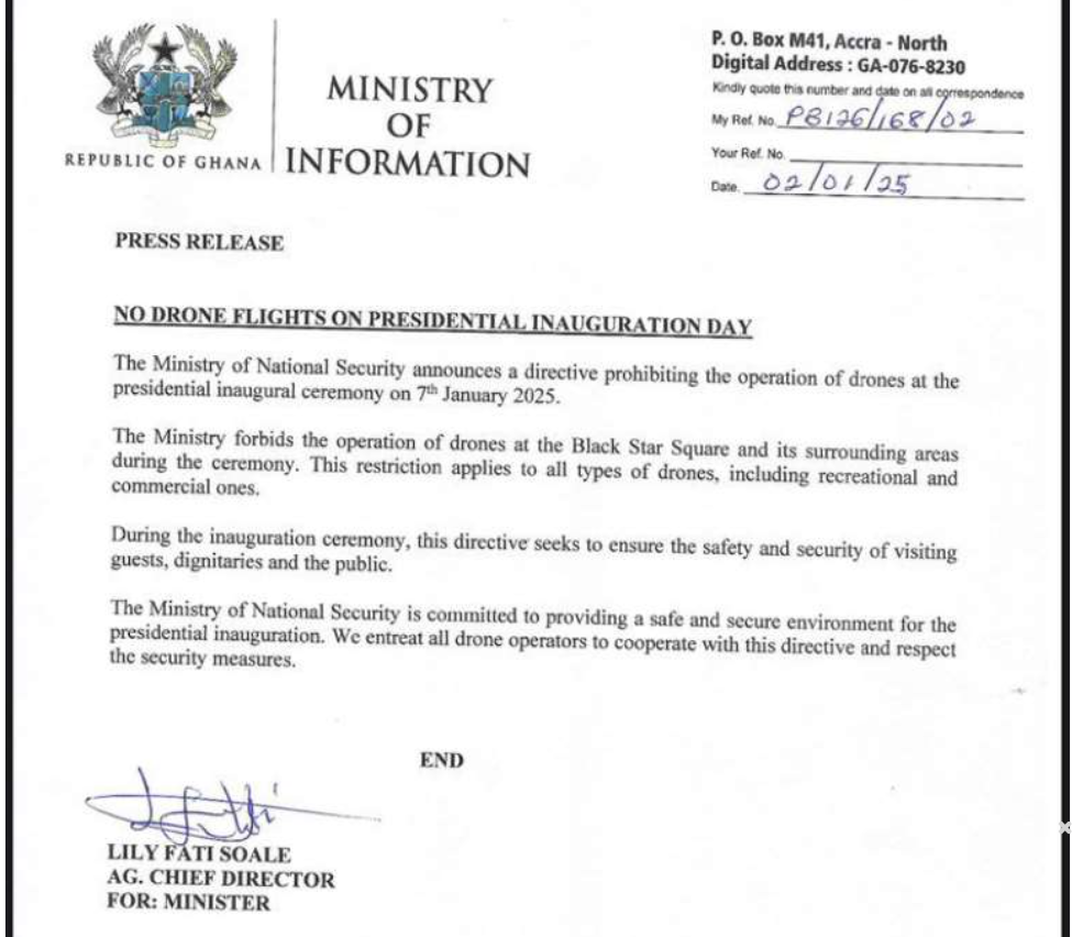 Copy of Drone Ban Notice on Mahama's Innauguration Day