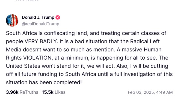 donald trump's tweet about south africa over land expropriation policies